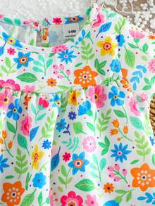 SHEIN Playful Pals 女婴可爱碎花荷叶袖休闲连衣裙，适合居家、户外、度假、聚会和日常穿着 - 彩色 - 查看 5