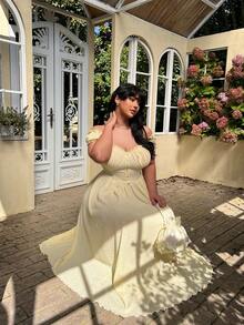 Lyrianda Modest Plus Size Vintage Elegant Off-Shoulder Dress, Spring/Summer - Pale Yellow - View 5