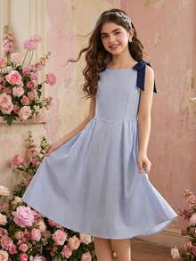 少女休闲优雅可爱时尚度假风条纹连衣裙，适合外出、度假，蝴蝶结装饰，可爱女孩连衣裙 - 彩色 - 查看 5