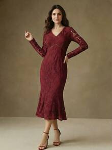 Anewsta French Elegant Embroidered Lace Spring Dress, Hollow V-Neck Long Sleeve Lace Fitted Mermaid Dress - Burgundy - View 5