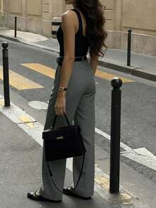 Almamuse 女士休闲日常通勤简约纯色前缝宽松直筒裤，不含腰带 - 灰色 - 查看 2