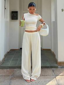 Muchica Apricot Knit Oblique Shoulder Fitted Casual Loungewear Set, Summer - Apricot - View 4