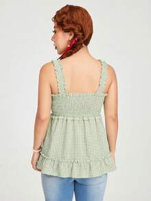 ROMWE Kawaii Top de tirantes con volantes y lazo decorativo a cuadros, estilo casual de verano - Multicolor - Ver 2