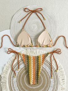 Swim Vcay Women's Summer Beach Striped Halter Tie Sexy Bikini Swimsuit Set - Multicolor - View 2