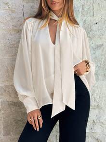 Aloruh 女士波西米亚浪漫优雅通勤雪纺深V领系带长袖衬衫，春季女装，情人节，外出上衣，优雅女式衬衫，白色上衣 - 米色 - 查看 8