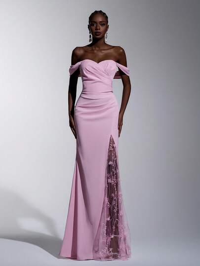 Elitara Elegant Romantic Lotus Pink Woven Off-Shoulder Ruched Hanging Sleeve Pleated Mesh Embroidered 3D Floral Faux Slit Fishtail Hem Dress, Suitable For Evening Party, Date, Vacation, Prom, Wedding, Bridesmaid