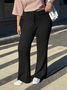 SHEIN EZwear Plus Size Women Solid Color Waist Tie Straight Loose Casual Knit Pants - Black - View 4