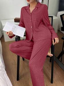 SHEIN 女士宽松舒适针织领长袖睡衣套装 - 紅色 - 查看 6