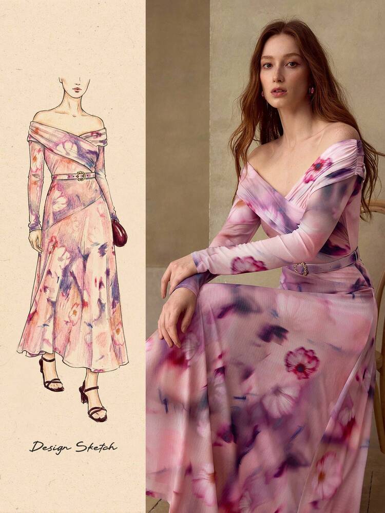 WOMEN'S OFF SHOULDER FLORAL PRINTED KNIT MID-LENGTH DRESS, AUTUMN/WINTER