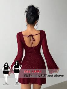 SHEIN Tall CURVE 大码纯色船领插肩喇叭袖修身系腰露背连衣裙 - 紅色 - 查看 10