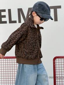 Dazy Kids 幼儿男童宽松豹纹领卫衣，休闲秋季款 - 棕色 - 查看 7