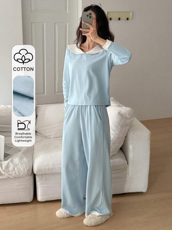 DAZY Women's Simple Color Block Patchwork Peter Pan Collar Pajama Set