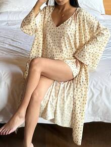 DAZY 3pcs/Set Women Cute Fruit & Floral All-Over Print Robe, Camisole And Shorts Pajama Set - Yellow - View 6