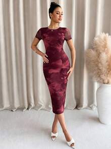Vestido de manga corta con estampado floral verde para mujer - Burdeos - Ver 5