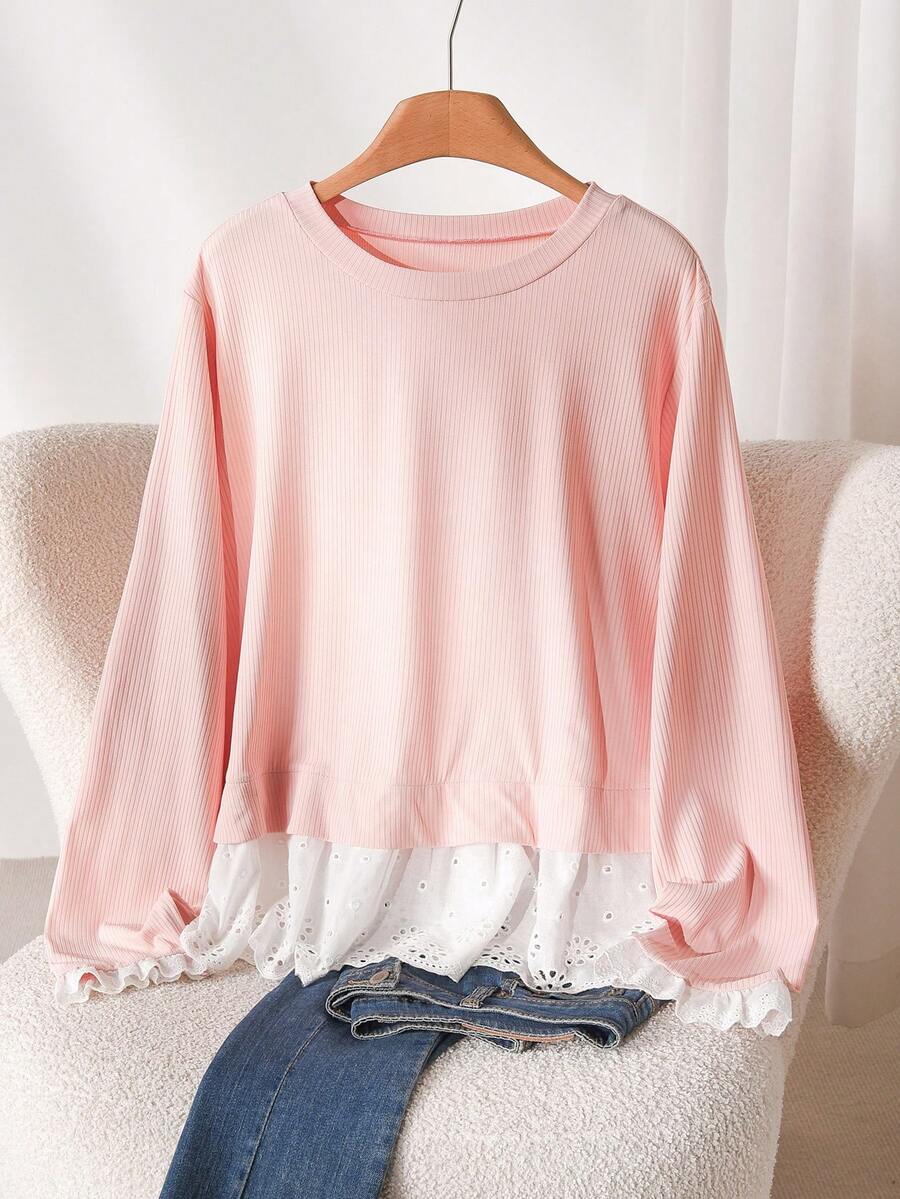 CosyJoli 大码女式蕾丝边针织长袖T恤，休闲T恤，春秋季 - 粉色 - 查看 1