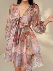 Vestido de manga larga con cuello en V con estampado floral rosa, estilo francés, vestido mini de línea A de gasa con cintura anudada, vestido de primavera estilo boho para vacaciones para mujer - Rosado Sandía - Ver 5