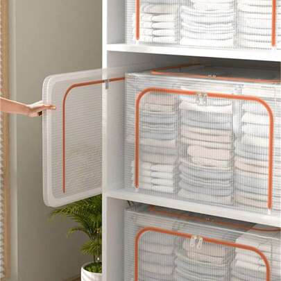 1个大容量被子收纳袋，PVC材质，拉链可折叠，带加固提手和透明窗口，防水防尘，适用于床底衣柜、宿舍等场所，可收纳换季衣物、毯子、床上用品、玩具等。