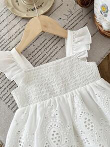 SHEIN LMoss Kids 少女纯色方领荷叶边连体衣 - 白色 - 查看 3