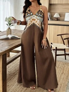 Weeklong Paisley Bohemian Print Paneled Sleeveless Jumpsuit - Retro Vacation & Daily Casual, Fashionable Plus Size, Women's Spring & Summer New Style - Multicolor - View 4