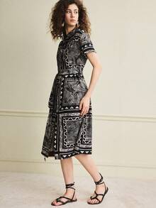 Écloséra 2026新款法式复古通勤短袖中长连衣裙，黑色杏色花卉图案，优雅夏季连衣裙，衬衫裙，女士夏季连衣裙，优雅连衣裙，女士休闲连衣裙，女士花卉连衣裙，休闲短袖连衣裙，女士短袖连衣裙，女士休闲连衣裙，印花连衣裙，女士图案连衣裙，女士及膝连衣裙，女士休闲连衣裙，提花连衣裙，女士法式连衣裙，女士折扣Zanzea连衣裙，女士办公室工作服 - 彩色 - 查看 6