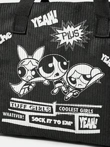 THE POWERPUFF GIRLS X SHEIN Túi đựng cơm trưa phối màu bằng chất liệu nhung kẻ, kiểu dáng preppy, phù hợp cho nhân viên văn phòng và học sinh. - màu đen - Xem 4