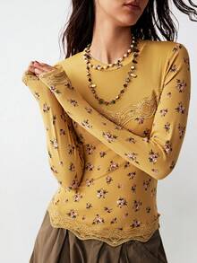 Bohemela Maglietta casual da donna a maniche lunghe, girocollo, con stampa floreale, aderente e corta - Giallo - Visualizzare 3