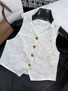 INAWLY 女士花卉蕾丝金属单排扣背心 - 米色 - 查看 1