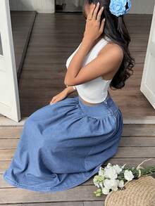 Sunnyshic 女士纯色休闲百搭褶裥牛仔迷你裙 - 藍色 - 查看 5