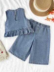 SHEIN LMoss Kids 2pcs Baby Girls Denim Ruffle Trim Vest And Loose Pants Set, Blue - Light Wash - View 2