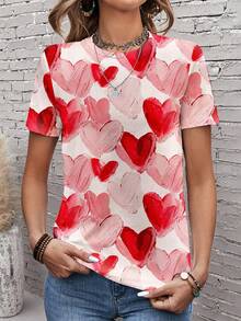 SHEIN LUNE 休闲简约彩色爱心印花情侣圆领宽松女式T恤 - 彩色 - 查看 5