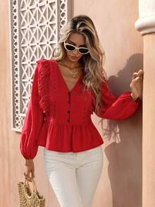 Flora Isola Flora Isola Women's Vintage Solid Color Long Sleeve Blouse, Floral Ruffle V-Neck Loose Casual Top, Versatile For Daily Commute, Dates, Gatherings, Spring/Summer - Red - View 3