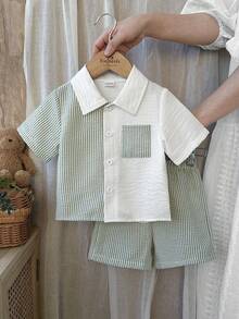 Vintaside Kids Bộ đồ cho bé trai gồm áo khoác cardigan tay ngắn cổ bẻ có túi vá và quần short. - màu xanh lá - Xem 4