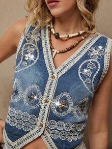 Freevana 波西米亚风牛仔钩针背心，腰果花刺绣，短款V领，蓝白撞色，女士背心，适合早春音乐节穿着 - 藍色 - 查看 1