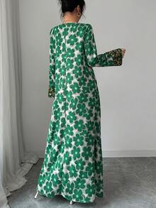 Al Najma 女士优雅圆领长袖阿拉伯风格连衣裙 - 綠色 - 查看 2