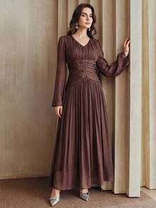 Anewsta New Elegant Fashion V-Neck Flare Sleeve Waist Ruched Dress, Suitable For Outings, Parties, Dates, Spring/Summer - Brown - View 2