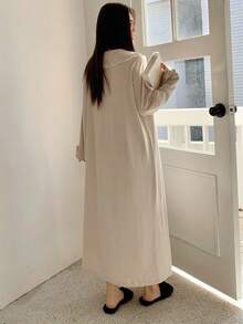 Dazy Plus 大码女式彼得潘领撞色蕾丝半开襟宽松长款休闲睡裙，春秋季 - 杏色 - 查看 2