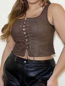 MelDlgn Top a canotta verde militare retrò con occhielli e lacci in dimensioni plussize - Castano - Visualizzare 6