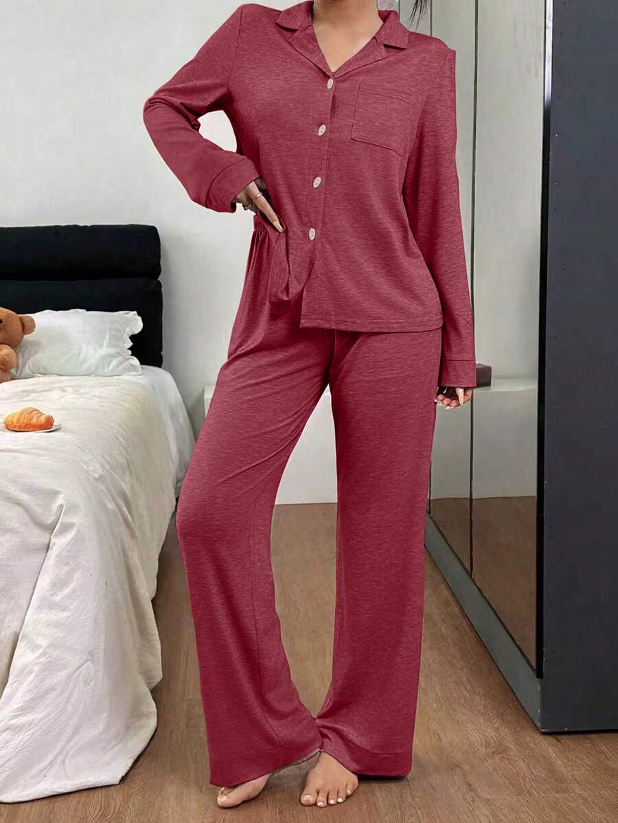 SHEIN 女士宽松舒适针织领长袖睡衣套装 - 紅色 - 查看 1