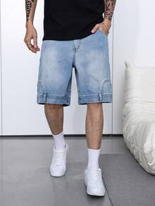 Manfinity Hypemode Summer Distressed Blue Washed Loose Straight Leg 5-Pocket Denim Shorts - Blue - View 4