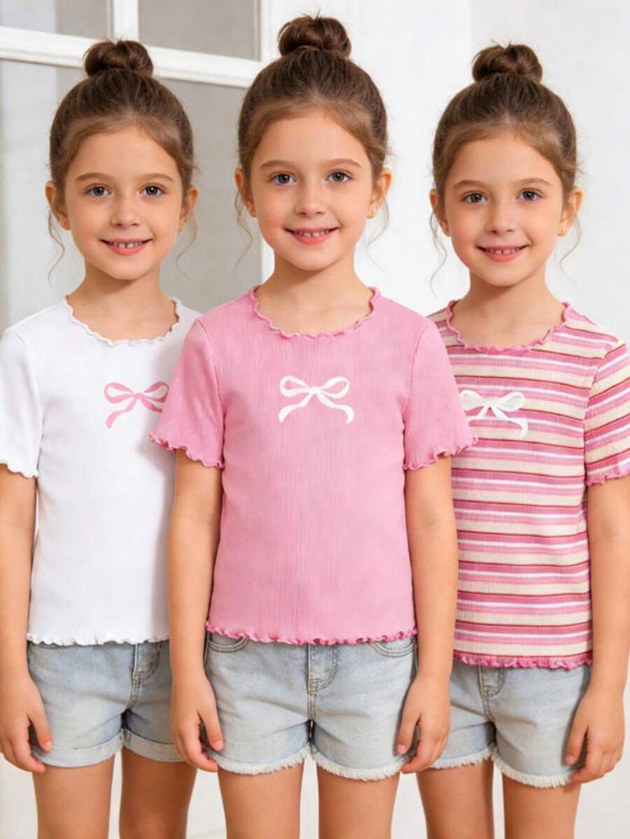 SHEIN 3件套女童可爱罗纹荷叶边蝴蝶结印花圆领上衣 - 彩色 - 查看 1