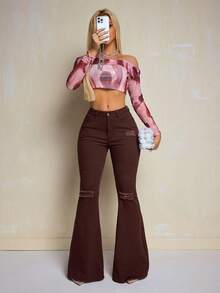 Slaydiva Plus Size Autumn Fashion Distressed Flared Jeans With Slant Pockets Brown Flare Jeans Crop Top Brown Pants 70s Clothes Ripped Jeans - Coffee Brown - View 1
