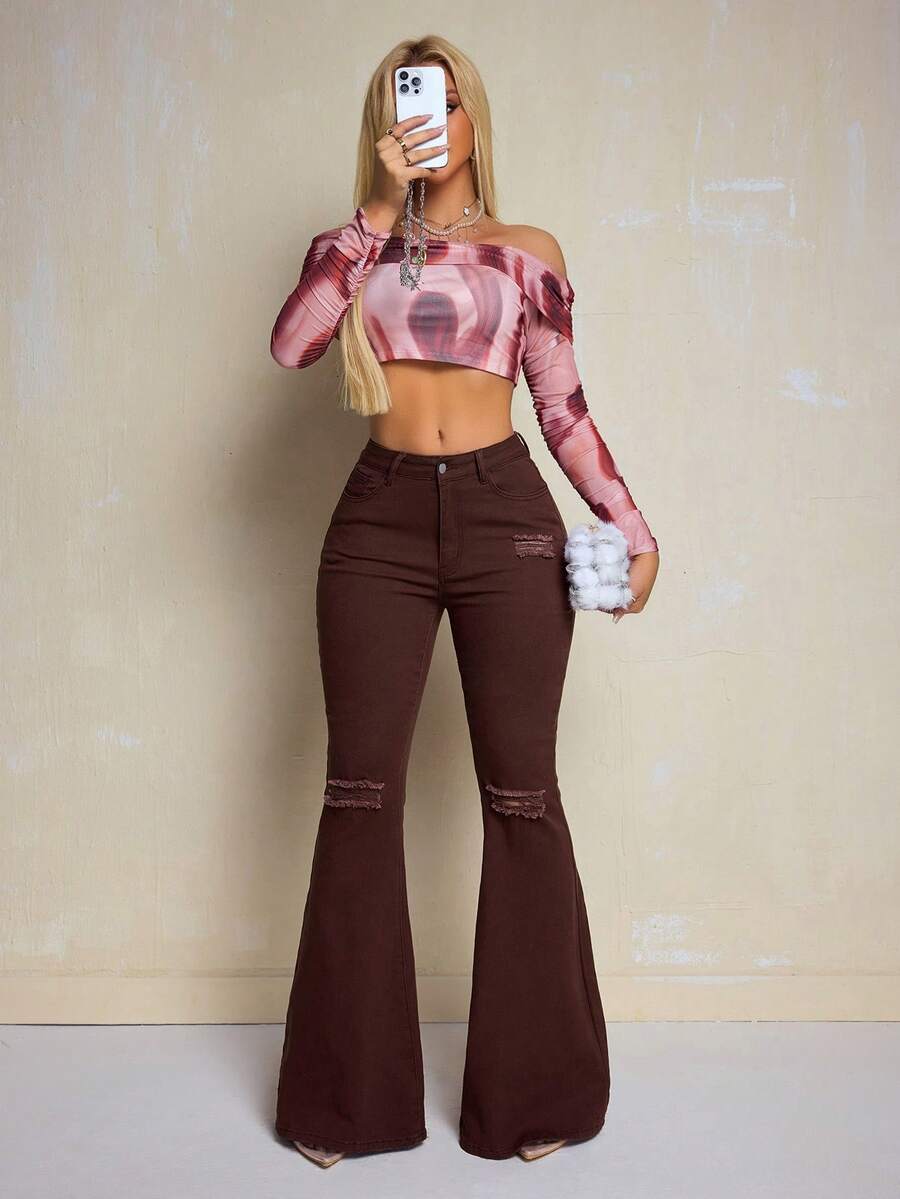 Slaydiva Plus Size Autumn Fashion Distressed Flared Jeans With Slant Pockets Brown Flare Jeans Crop Top Brown Pants 70s Clothes Ripped Jeans - Coffee Brown - View 1