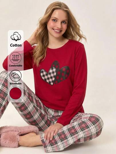 Loomlin 100% Cotton 2pcs  Heart Printed Long Sleeve Top And Plaid&Heart Printed Sleep Bottom PJ Set