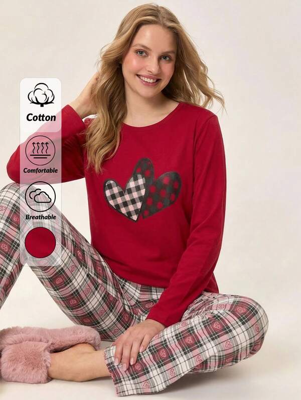 Loomlin 100% Cotton 2pcs  Heart Printed Long Sleeve Top And Plaid&Heart Printed Sleep Bottom PJ Set