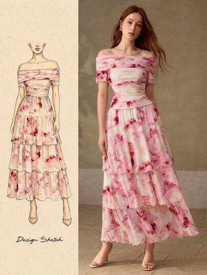 MOTF PREMIUM WOMEN'S ELASTIC OFF-SHOULDER PRINTED TOP & LAYERED SKIRT 2-PIECE SET