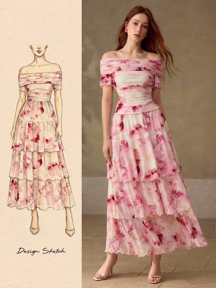 WOMEN'S ELASTIC OFF-SHOULDER PRINTED TOP & LAYERED SKIRT 2-PIECE SET