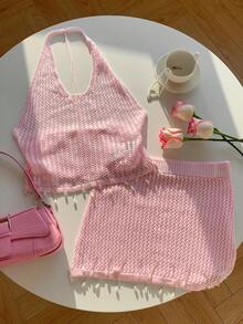 Comfortcana 女士时尚新款简约休闲性感露背镂空针织沙滩裹裙泳衣罩衫比基尼裹身百搭优雅两件套 - 粉色 - 查看 4