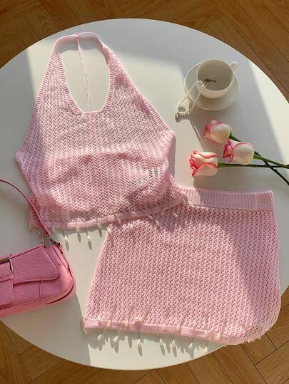 Comfortcana 女士时尚新款简约休闲性感露背镂空针织沙滩裹裙泳衣罩衫比基尼裹身百搭优雅两件套