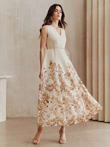 Anewsta 象牙色无袖V领碎花下摆收腰长连衣裙 - 杏色 - 查看 5