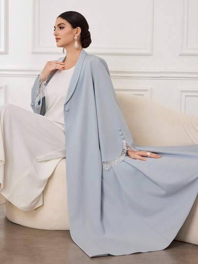 Al Najma Women's Elegant Everyday French Lace Cuff Decor Loose Long Sleeve Abaya Robe